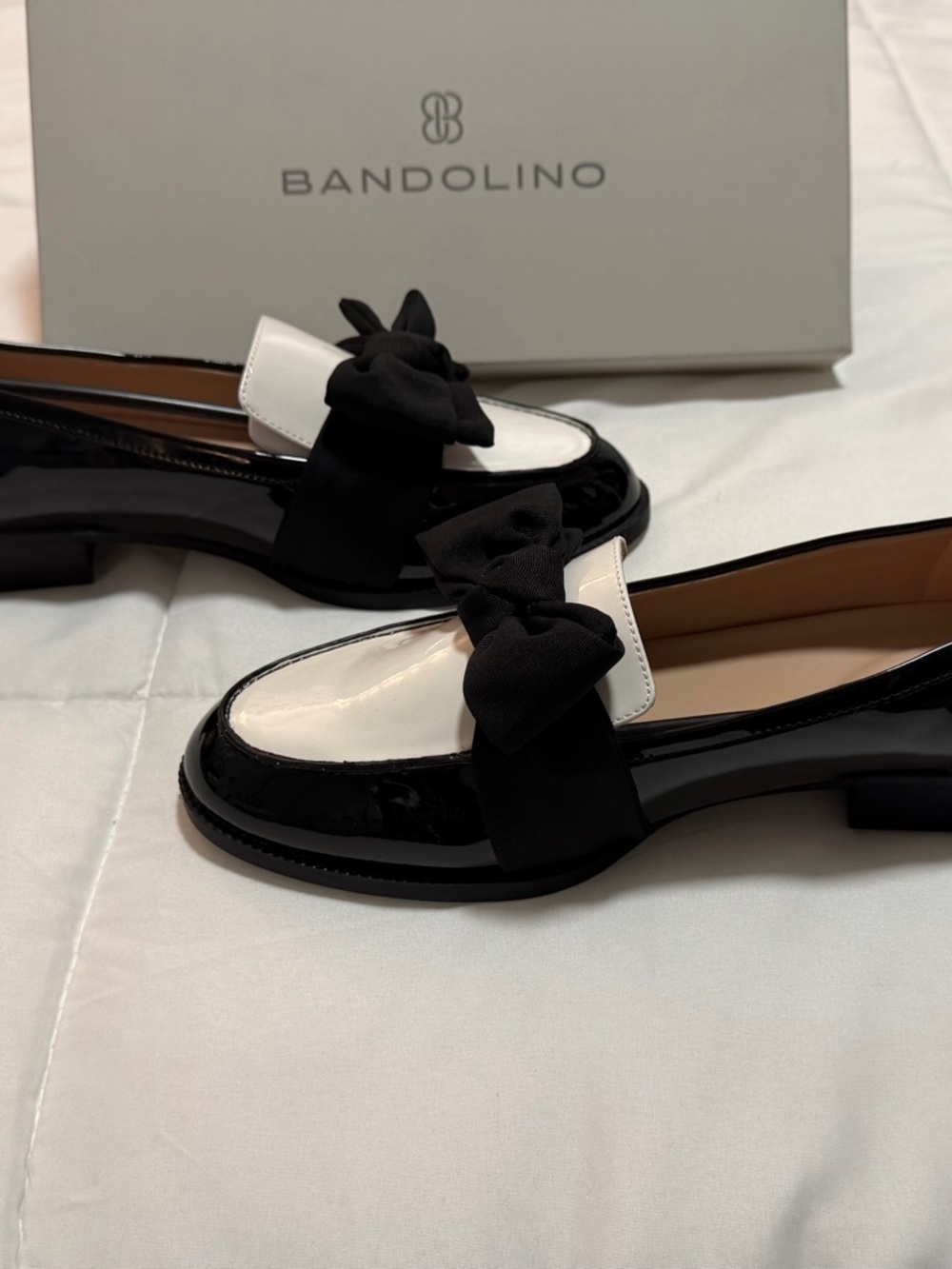 Bandolino Black and White Patent Loafers with Bow